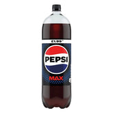 A 2L bottle of Pepsi Max - No Sugar Cola features a blue label, red and white logo, zero calories, and a £1.99 price printed at the top.